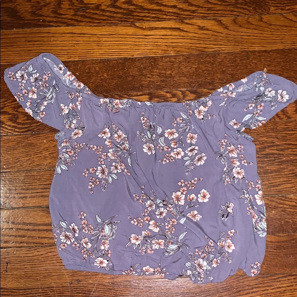Off the shoulder purple crop top with flowers.